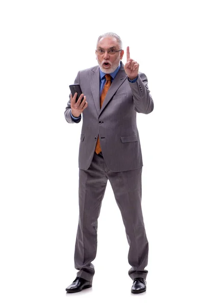 Velho Chefe Masculino Falando Por Telefone Isolado Branco — Fotografia de Stock