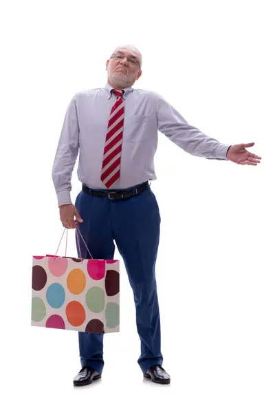 Oude Mannelijke Baas Holding Bag Geïsoleerd Wit Stockfoto