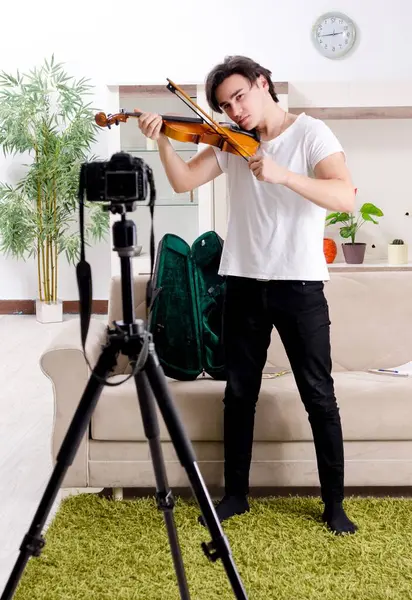 Young Male Blogger Playing Violin Home — Stock Photo, Image