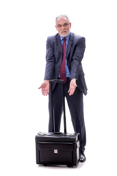 Betagter Geschäftsmann Mit Koffer Isoliert Auf Weißem Grund — Stockfoto