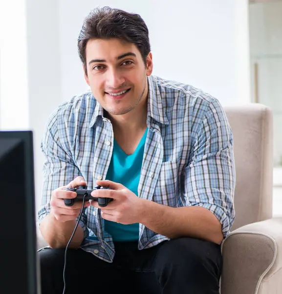 Man Playing Computer Game Home — Stock Photo, Image