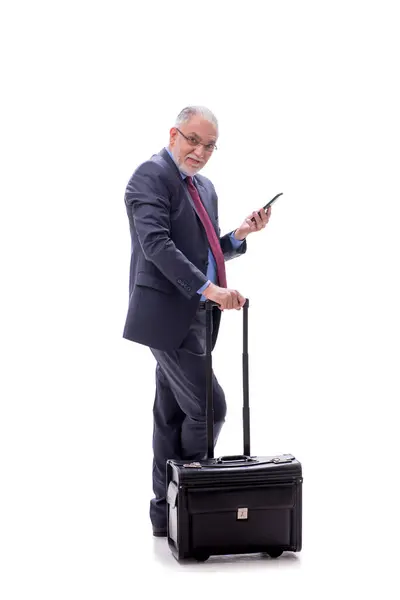 Homem Negócios Envelhecido Com Mala Isolada Branco — Fotografia de Stock
