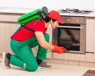 Mutfakta haşere kontrolü yapan profesyonel müteahhit.