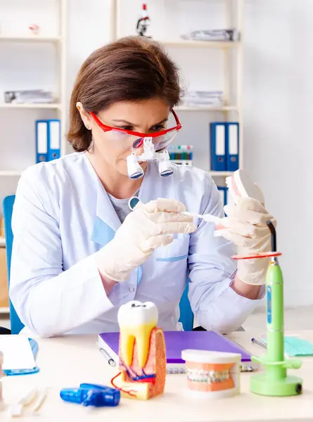 stock image The female doctor working on new teeth implant