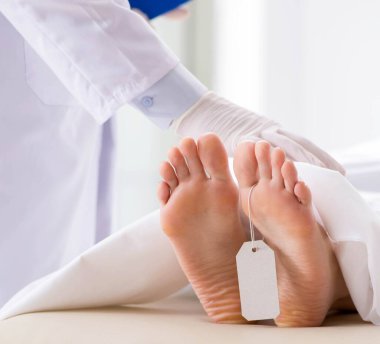 Adli tabip morgdaki cesedi inceliyor.