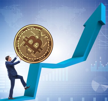 İş adamı kripto para zinciri engelleme kavramında bitcoin basıyor