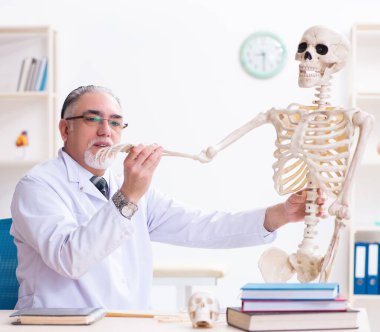 İskeleti olan yaşlı erkek doktor.