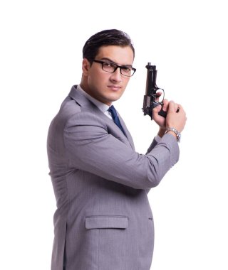 Tabancalı agresif işletme yöneticisi beyaza izole edilmiş.