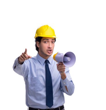 Genç erkek mimar beyaz üzerine izole edilmiş.