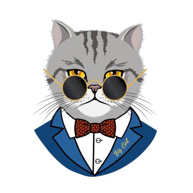  Hand drawn portrait of cat in glasses with bow. For logo, symbol and fashion print.