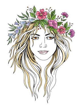 Hand draw girl with flowers. For logo and fashion print.