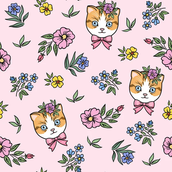 Vintage Nahtlose Muster Mit Katzen Und Blumen Für Dekorative Verpackungen — Stockvektor