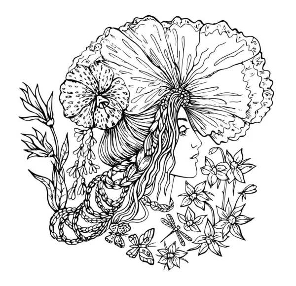 黑白手绘花仙女 适用于印花T恤 壁纸及其他设计 — 图库矢量图片