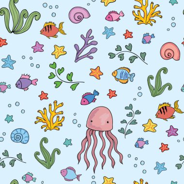 Balıklı, yosunlu ve ahtapotlu kusursuz desenler. Tekstil baskısı, arkaplan, duvar kağıdı, dekoratif kağıt ve diğer tasarım için vektör illüstrasyonu.