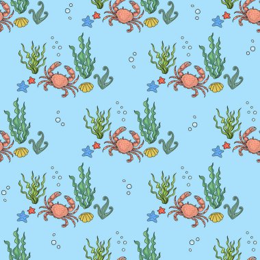 Balıklı, yosunlu ve yengeçli kusursuz desenler. Tekstil baskısı, arkaplan, duvar kağıdı, dekoratif kağıt ve diğer tasarım için vektör illüstrasyonu.