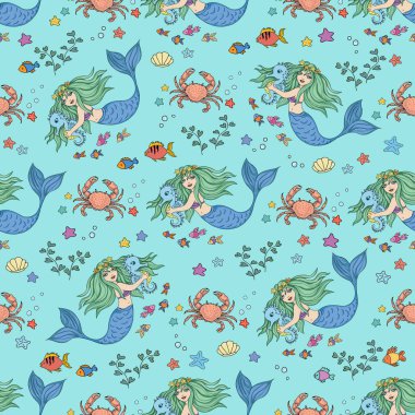 Denizkızıyla kusursuz desen. Tekstil baskısı, arkaplan, duvar kağıdı, dekoratif kağıt ve diğer tasarım için vektör illüstrasyonu.