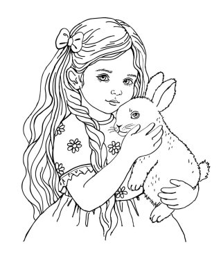 Sevimli küçük kız elinde tavşan tutuyor..