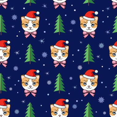  Moda baskısı, duvar kâğıdı, ambalaj ve diğer tasarım için Noel Baba şapkalı şirin kediyle kusursuz bir desen..