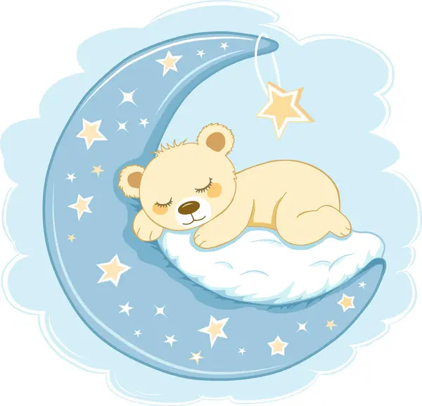 Druk Mody Uroczym Małym Niedźwiedziem Śpiącym Księżycu Projektowania Shirtów Plakatów — Wektor stockowy