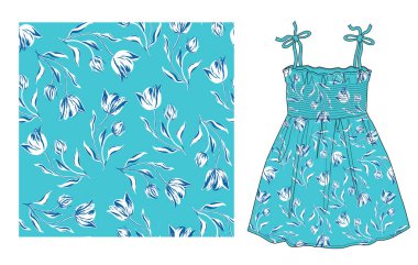 Yaprakları ve çiçekleri olan modaya uygun, pürüzsüz bir desen. Tekstil baskısı, arkaplan, duvar kağıdı, dekoratif kağıt ve diğer tasarım için vektör illüstrasyonu