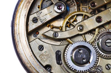 Eski saat mekanizması, eski tarz, makro görünüm.