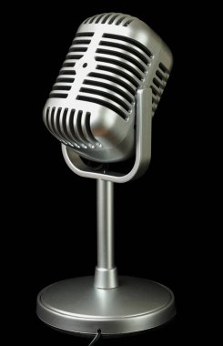 plastic studio microphone metallic color on pedestal, side view, isolated on black clipart