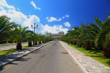 Güneşli bir günde alışveriş merkezi boyunca dikilen palmiye ağaçları antik beyaz şatoya götürür. 