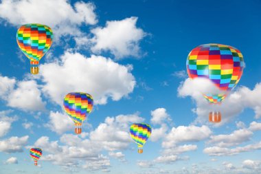 Sıcak hava balonları mavi gökyüzü kolajında kabarık bulutlar