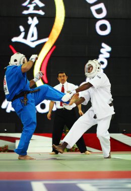 MOSCOW - 19 Şubat 2011 'de Rusya' nın başkenti Moskova 'da düzenlenen 2011 Dünya Kupası 2011 KUDO' da mücadele eden iki yarışmacı. Savaşçılar Sri Lanka 'dan Alentuge ve Rusya' dan Kolyan..