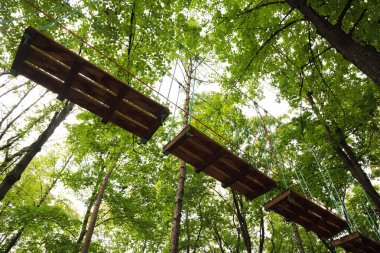 Halat parkında ipli tehlikeli bir ip, yeşil yapraklı ağaçlar ve gökyüzü