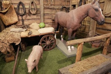 exposition at the exhibition, horse, pig, cart, yoke, nursery clipart