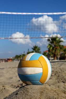 Voleybol ağı, plajda voleybol ve palmiye ağaçları. topa odaklan