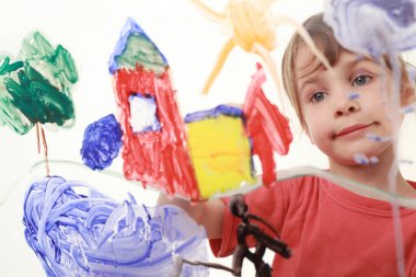 beautiful little girl in red t-shirt paints on glass, house, tree, man clipart