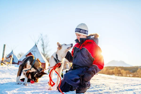 Мальчик Подросток Обнимается Собакой Салагой Северной Норвегии — стоковое фото