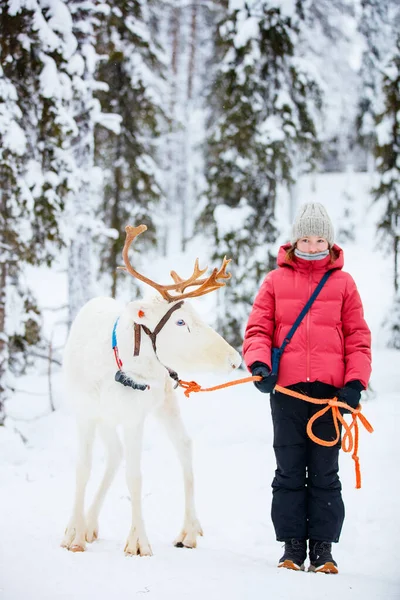 Roztomilé Pre Teen Dívka Kráčí Bílými Soby Zimním Lese Laponsku — Stock fotografie