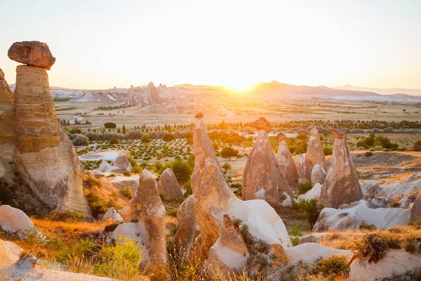 Beautiful Sunset View Valley Cavusin Village Cappadocia Turkey Amazing Rock — Stock Photo, Image