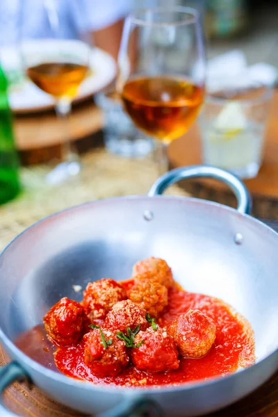 Delicious Meatballs Served Tomato Sauce Pan — Stock Photo, Image