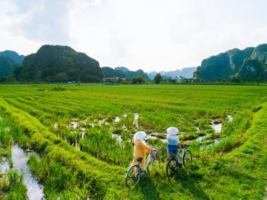 Güzel bir çift, Ninh Binh Vietnam 'daki kırsal ve pirinç tarlalarının manzarasını düşünerek Güneydoğu Asya' yı gezmekten zevk alıyor.