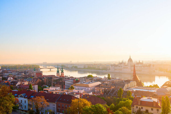 Sunrise view of Budapest Parliament and Danube river from Fisherman Bastion