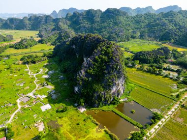 Vietnam 'da Ninh Binh yakınlarındaki Tam Coc' un havadan görünüşü. Kireçtaşı kayaları arasında pirinç tarlalarının çarpıcı manzarasıyla sık sık karadaki Halong körfezi olarak adlandırılır.