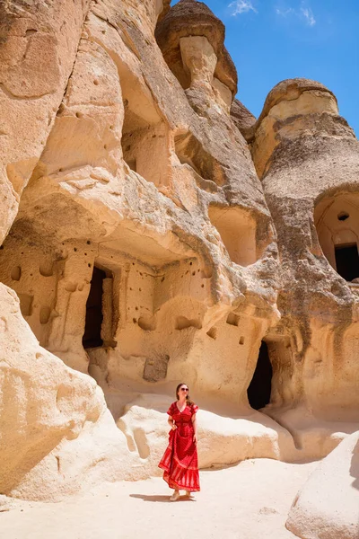 Young Beautiful Woman Red Dress Exploring Pasabag Monks Valley Cappadocia — Stockfoto