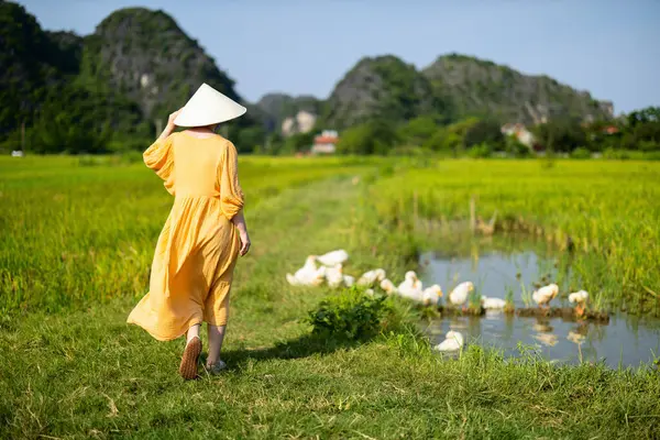 Beautiful Woman Wearing Yellow Dress Vietnamese Conical Hat Enjoying Vietnamese — Stock Photo, Image