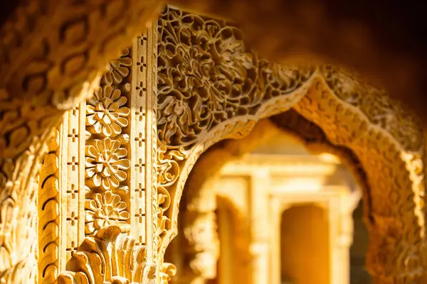 Detaljer Ömtåliga Sten Sniderier Talet Jain Tempel Amar Sagar Nära — Stockfoto
