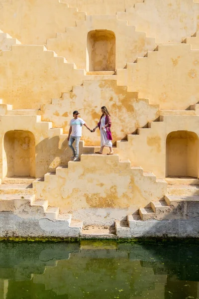 Beautiful Couple Walking Stairs Ancient Stepwell Jaipur India Stock Image