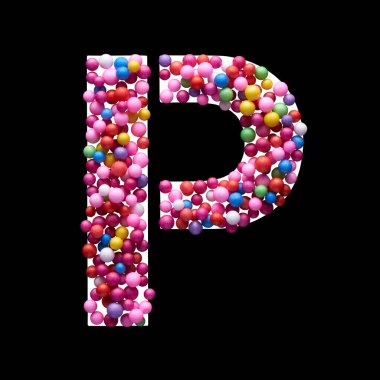 Siyah arka planda izole edilmiş çok renkli toplardan oluşan büyük harf..