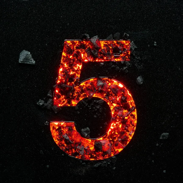 Zdjęcie Płonącego Numeru Pięć Czarnym Tle Wykonanym Gorących Węglanów — Zdjęcie stockowe