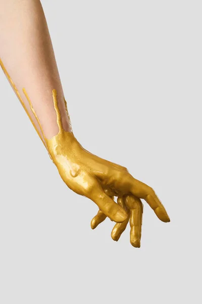 Hand Gold Acrylic Paint Paint Covers Hand Latex Glove — Stock Photo, Image