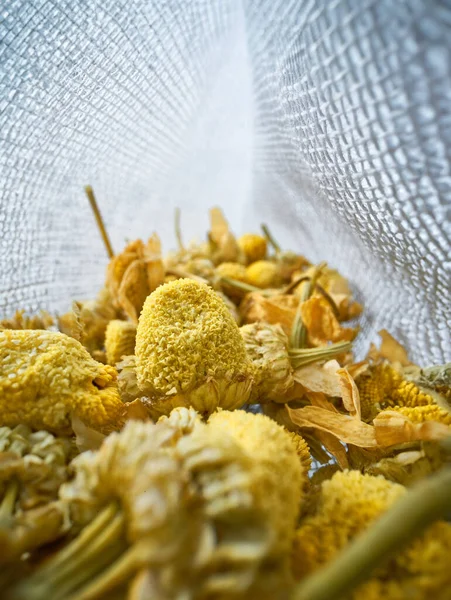 Cotton Bag Full Dried Chamomile Flowers Royalty Free Stock Photos