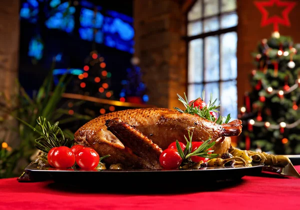 Christmas Roast Duck Served Festive Table Festive Interior Stock Image