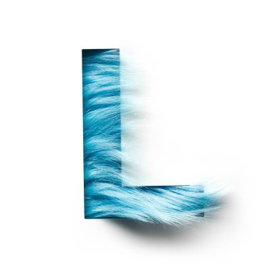 Beyaz arkaplanda mavi sahte kürkten yapılmış büyük harfin fotoğrafı. Parlak ve orijinal tasarım yaratıcı projeler ve logo tasarımı için ideal bir görsel efekt yaratır..